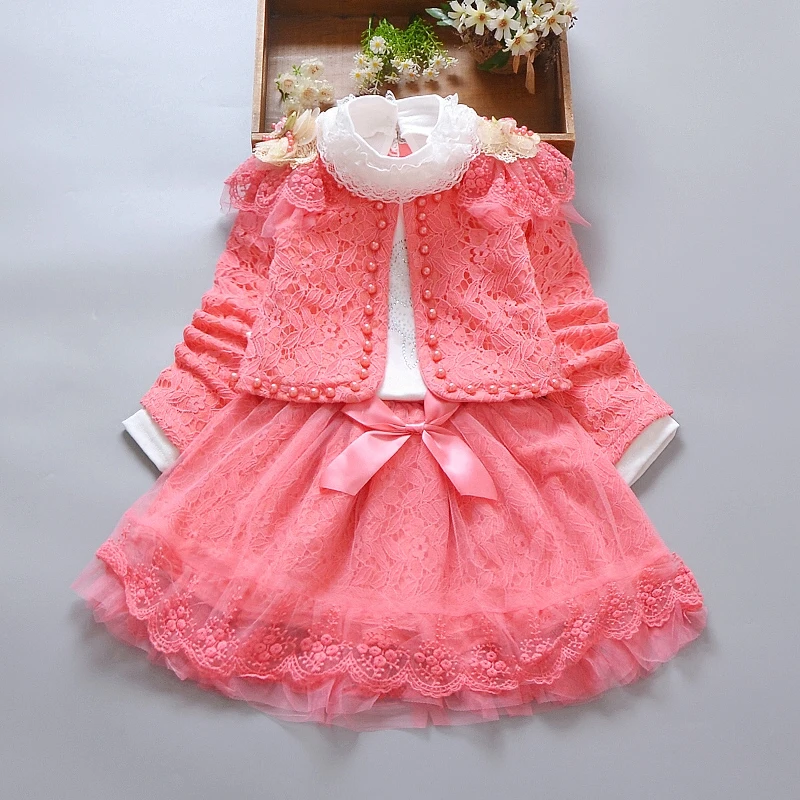 1-8 Years Lovely Kids Girls Clothing Sets 3pcs Short Outwear Jacket+Long Sleeve Shirt+Skirts New Autumn Toddler Girls Suits B333