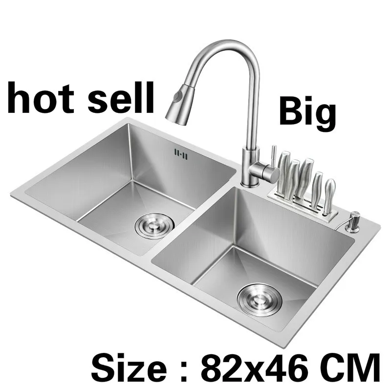 

Free shipping Household standard big kitchen manual sink double groove durable 304 stainless steel vogue hot sell 820x460 MM