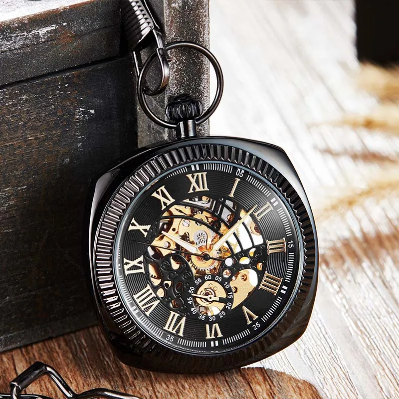 Antique Black Mechanical Pocket Watch Men Women Roman Numerals Dial Clock Luxury Golden Skeleton FOB Chain Watches Drop Ship