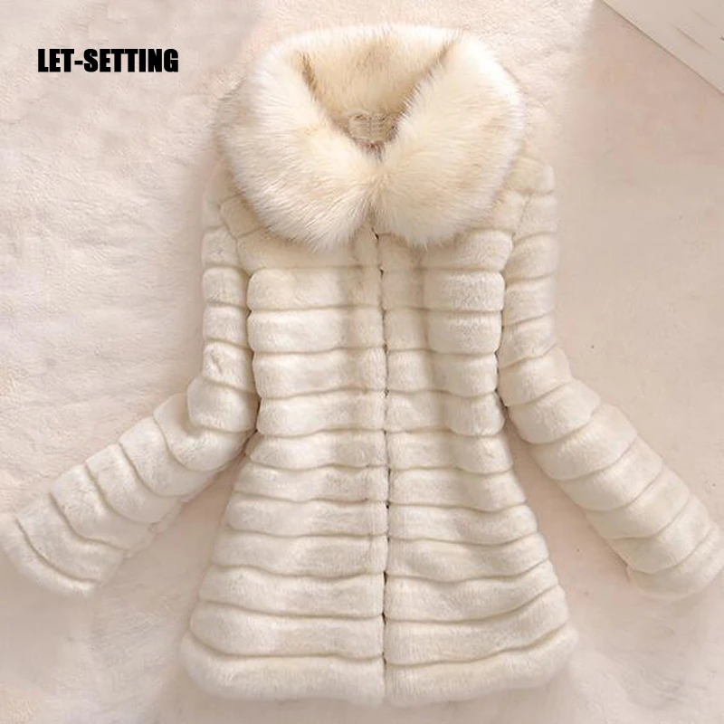 LET-SETTING winter fur coat faux fur rabbit fur fox fur collar long leather women large size coat slim jacket