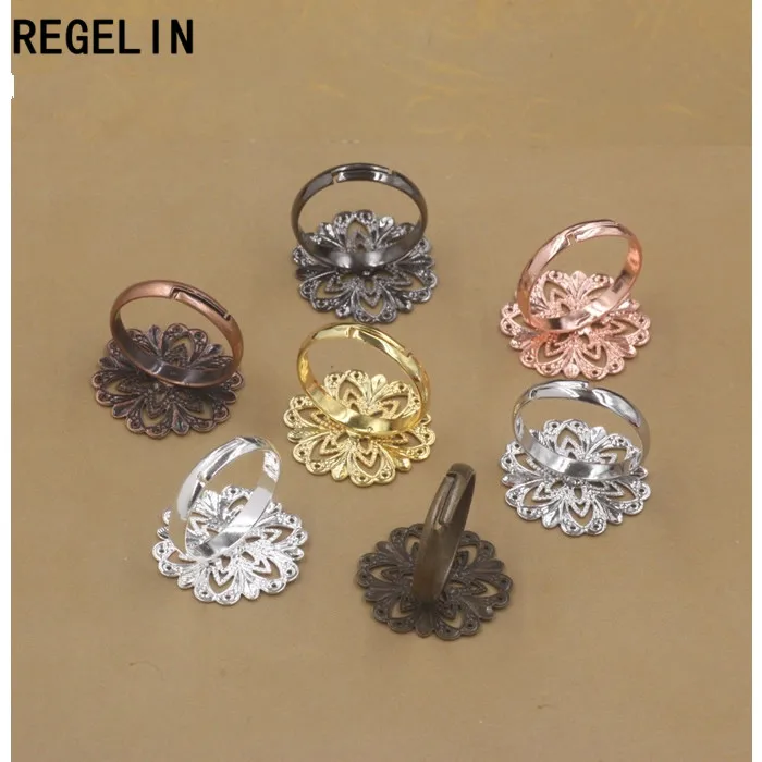 REGELIN Adjustable Antique Bronze Hollow Flower Motif Rings Round 20mm Vintage 10pcs/lot DIY Party Jewelry for Women anillos