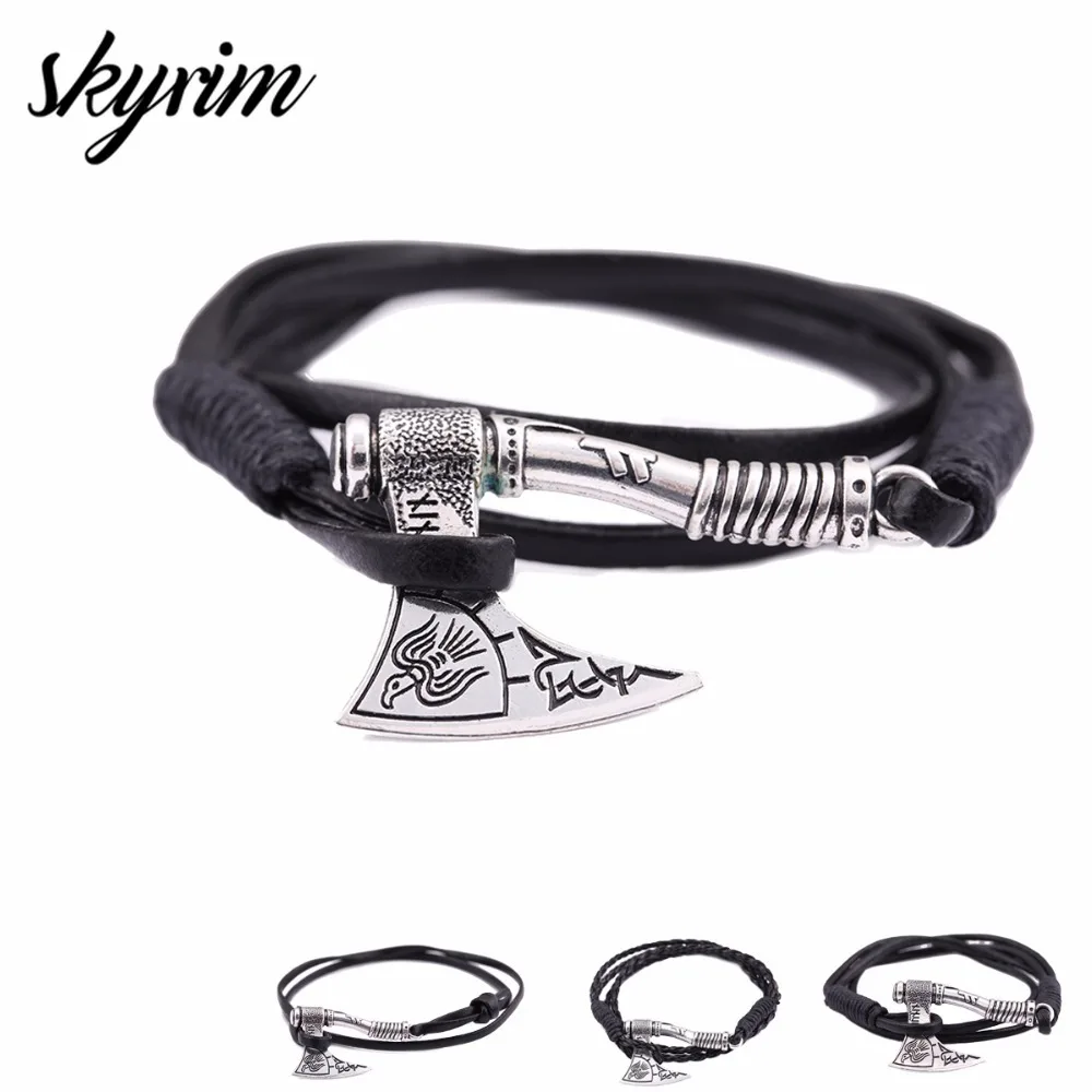 Skyrim Perun's Axe Charm Wrap Men Leather Bracelets Bangle Anchor Multilayer Punk Vintage Rope Bracelet for Men Gift