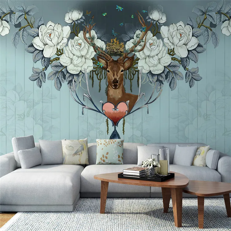 TV background wall paper European style hand-painted Elk custom mural living room sofa creative personality home wallpaper