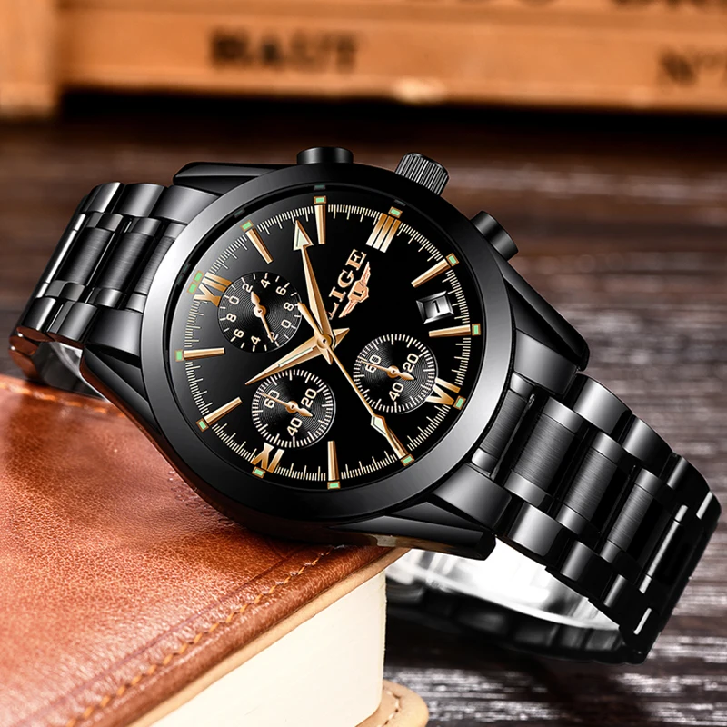 LIGE Mens Watches Top Brand Luxury Fashion Business Quartz Watch Men Sports Full Steel Waterproof Black Clock Relogio Masculino