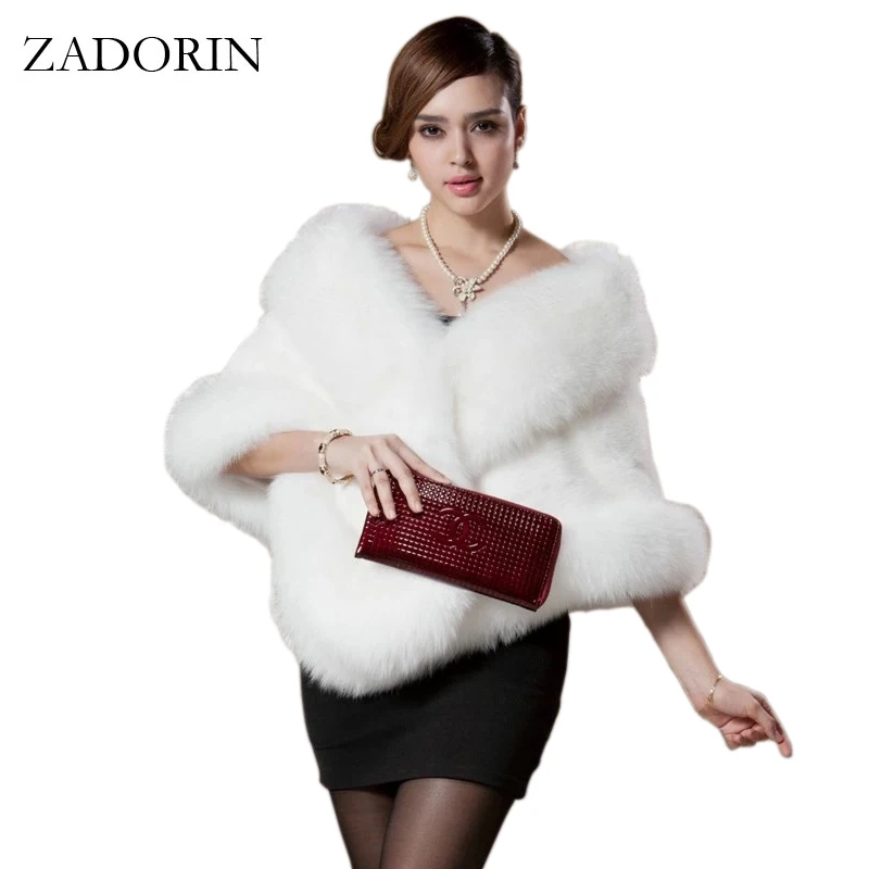 ZADORIN Autumn Winter Fashion Women Faux Fox Fur Coat Female Cloak Poncho Cape Bridal Wedding Dress Shawl Cape Women Overcoat