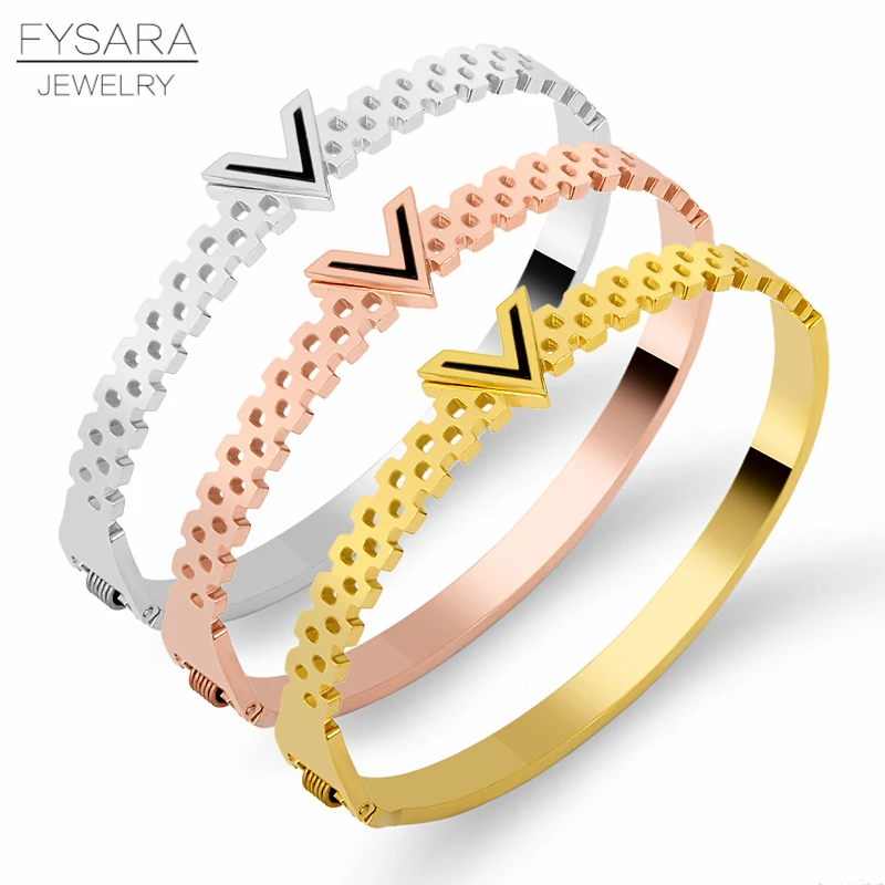 FYSARA Classic V Shape Letter Stainless Steel Bangles for Women Titanium Steel Cuff Bracelets Honeycomb Desgin Jewelry Gifts