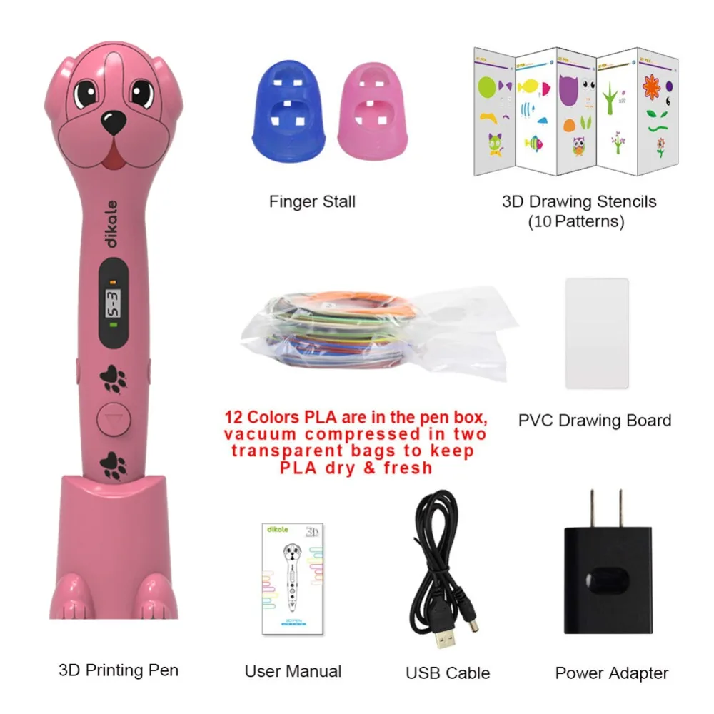 Dikale 3D Printing Pen OLED Screen Cute Dog 3D Pen Printer Pencil Free 3Mx12 Colors PLA Filament Refill DIY Creative Hobbies Toy