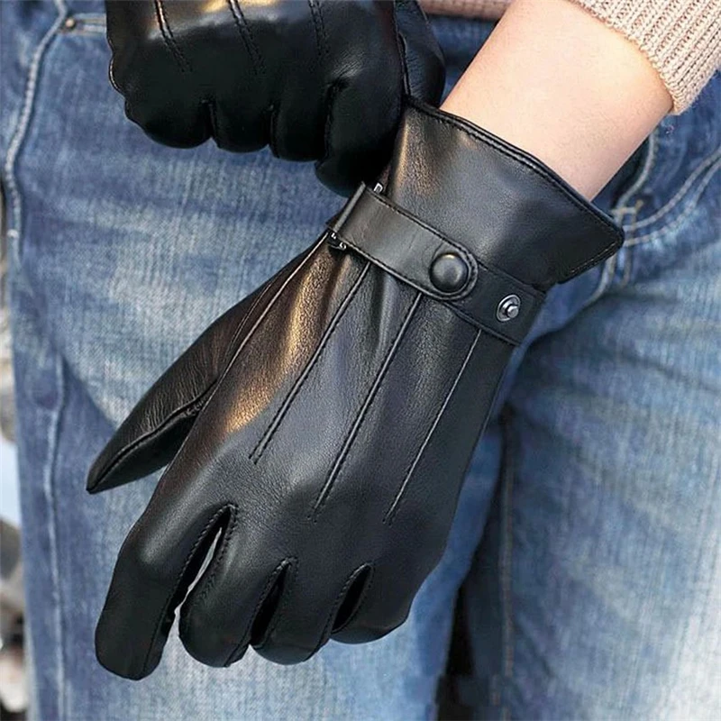 Men Gloves Wrist Button Solid Sheepskin Glove Fashion Male Genuine Leather Winter For Driving Free Shipping M021pc