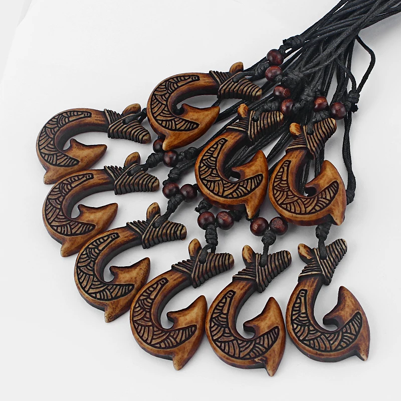 12pcs Brown Tribal Maori Fish-Hook Charms Pendants Black Wax Cord Surfer Necklace Boho Jewelry For Fashion Men Women