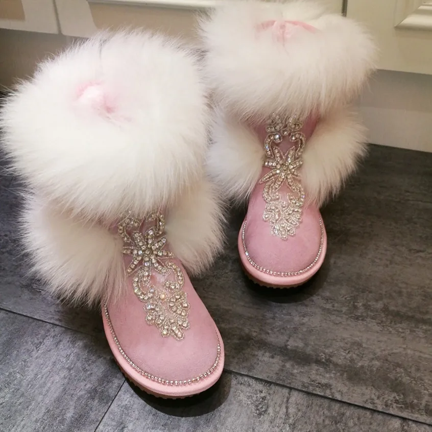 New Woman Bling Rhinestone Embellished Fox Fur  Snow Boots Winter Flat Warm Plush Sweet Crystal Handmade Ankle Boots Shoes