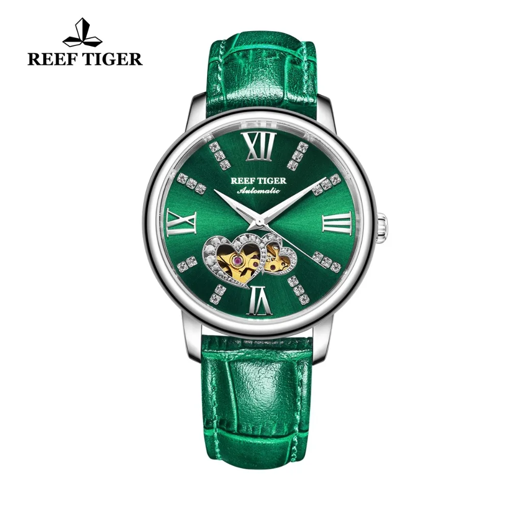 Reef tiger/rt novo design moda senhoras relógio rosa ouro verde dial relógio mecânico pulseira de couro montre femme rga1580