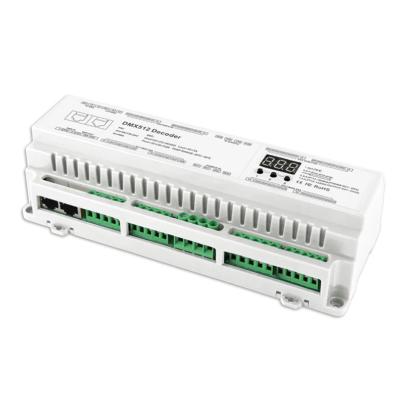 New Led DMX512 Decoder Constant Voltage 12V-24V Input;24CH 32CH 40CH Din Rail DIY Setting Address RJ45 DMX Slave Consolo