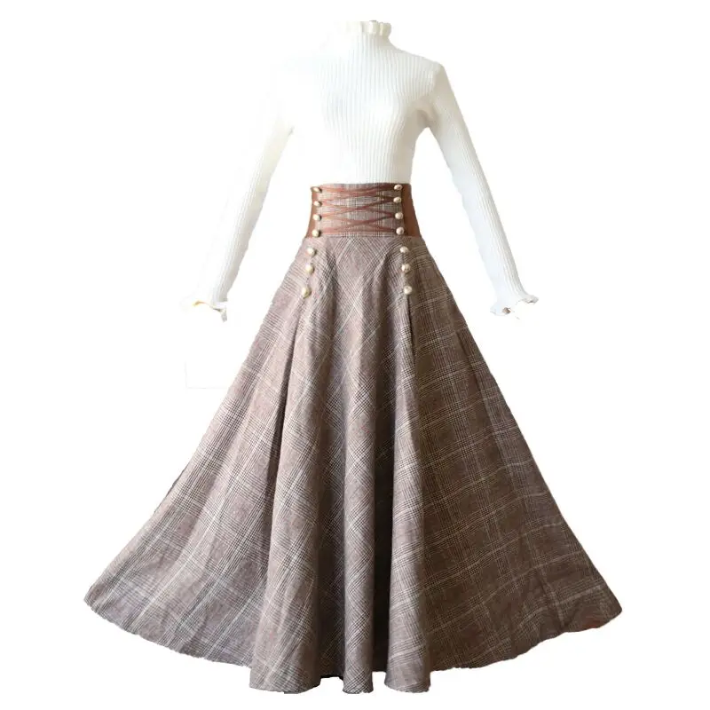 Vintage England Style Elegant Knitted Two Piece Women Sets 2 Pieces Sweater Corset Lace-up High Waisted Maxi Skirt Matching Set