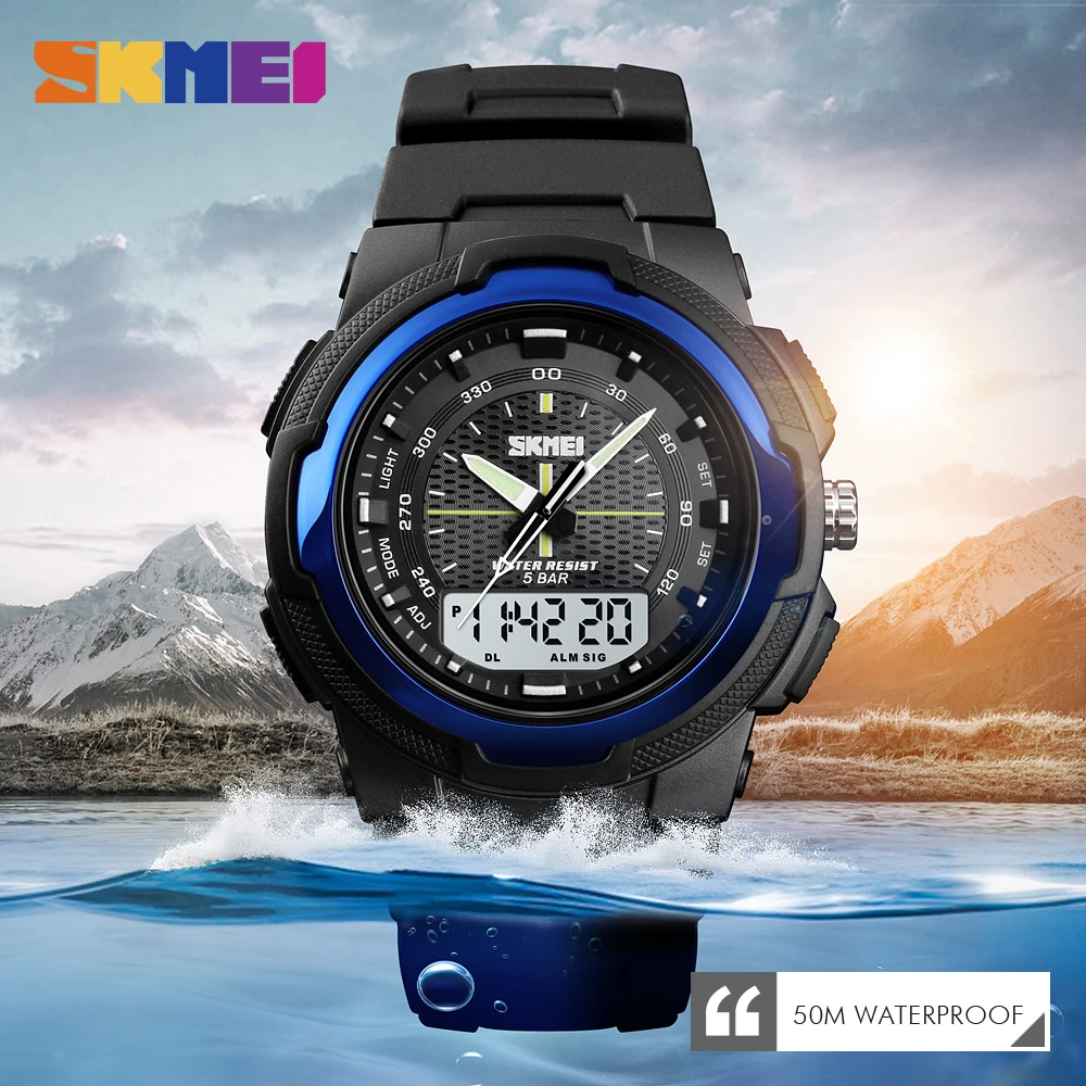 SKMEI Back Light Dual Time Display Outdoor Sports Watch Mens Military Stopwatch Date Week 5bar Waterproof Wristwatches Clock