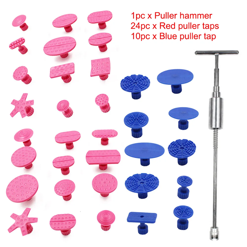 

Tools Dent Car Body Paintless Dent Repair Tool T Bar Side Hammer W/34pc Puller Tap hammer tool +24 red +10 blue gasket set