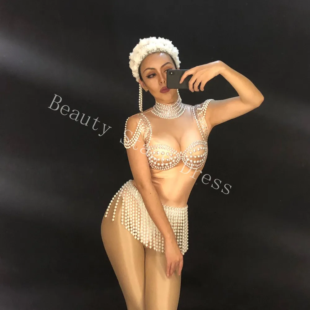 New Women Sexy Singer Bodysuit Sleeveless Sparkling Crystals Pearls Jumpsuit Nightclub Party Stage Wear Bling Dance Costumes DJ