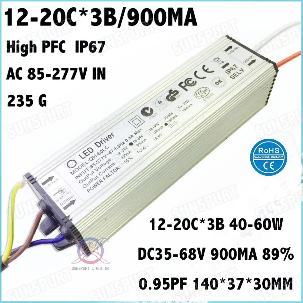 

2 Pcs Waterproof IP67 High PFC 60W AC85-277V LED Driver 12-20Cx3B 900mA DC35-68V Constant Current For Spotlights Free Shipping