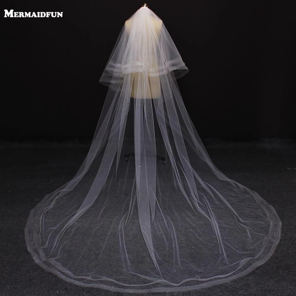 

MERMAIDFUN Real Photos 2 Layers Net Edge Cathedral Wedding Veil Stuning Blusher Face Cover Two Tier Bridal Veil Velo De Novia