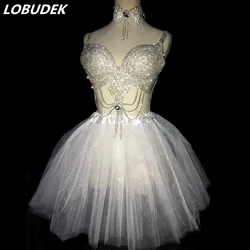 White Tutu Skirt Diamond Bikini Dance Costume Nightclub Bar DJ Singer Dancer Modern Dance Party Rave Outfit Sexy Stage Wear