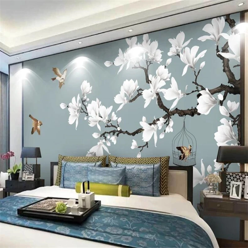 

wellyu Custom wallpaper 3D murals new Chinese hand-painted pen flower bird white magnolia living room TV background wallpapper