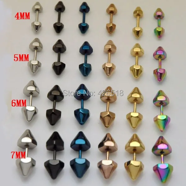 2PCS 4 5 6 7mm Diameter Hexagonal Spike Cone 6 colors Stainless Steel Men Punk Screw Back (pierced) Stud Earrings