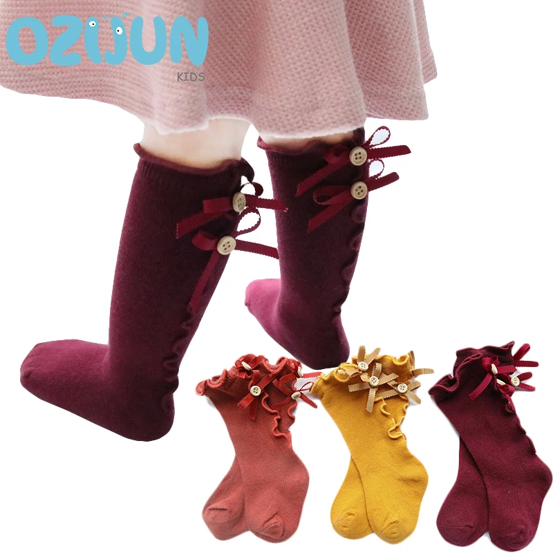 New Arrivals Baby Girls Newborn Cotton Knee-high Socks Trimmed Agaric Laces Bow and Button Kids girls Leg Warmers S/M/L/XL