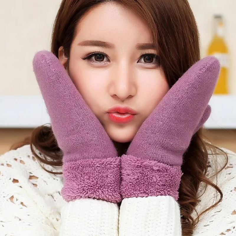 Lovely Female Winter Knit Wool Thicker Cashmere/Velvet Warm Black Gloves Ladies Cute Fingerless Women Solid Mittens Guantes L83