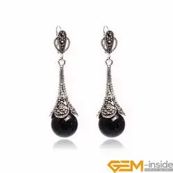 12mm Round Stone Beads Tibetan Silver Dangle Jewelry Stud Hoop Jewellery Long Female Earrings For Women Gift
