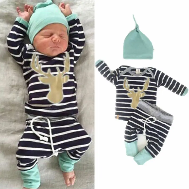 US 3pcs Newborn Baby Boys Girls Long Sleeve Deer Tops + Striped Long Pants Hat Outfits Set Clothes 0-18 Months