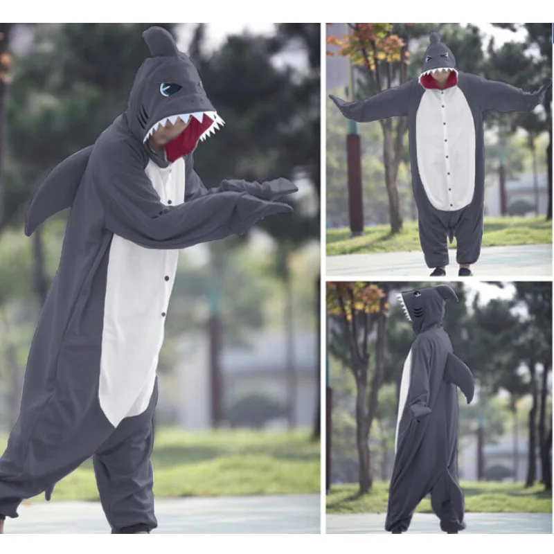 Winter Adults Animal Gray Blue Shark Funny Onesie Pajamas For Women Men Costume Cosplay Unisex Halloween Pajamas Party