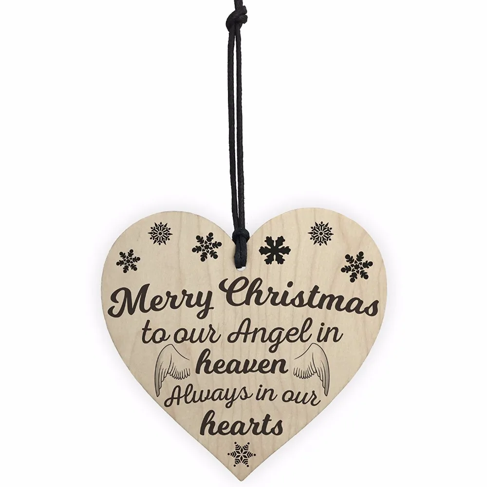 

Merry Christmas Angel Heaven Wooden Hanging Heart Memorial Plaque Xmas Tree Decoration