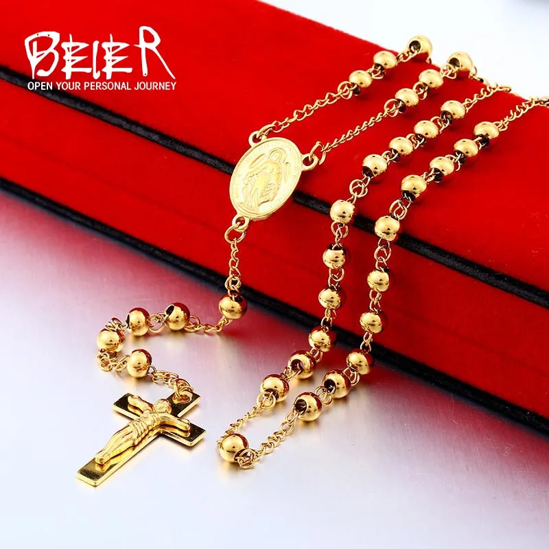 

Beier 3colour Crucifix stainless steel Beads Jesus Cross Pendant Necklace Long Chain for man women Christian gift Jewelry BN1050