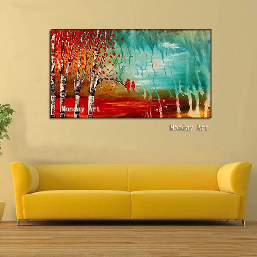 

Large Hand Painted Palette Knife birch landscape Oil Paintings On Canvas Wall Art landscape Picture For Living Room Home Decor