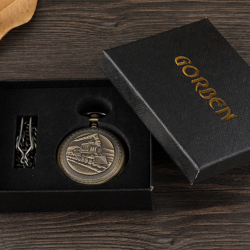 Train Carving Mechanical Pocket Watch Car Design Men Bronze Clock Hand Wind Roman Numerals Engraved Fob Watches with Gift Box