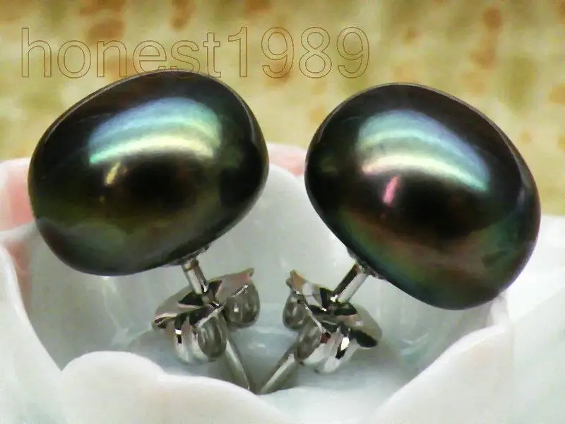 

free shipping Genuine AAA+++ 10mm peacock black bread south sea pearl earring 14k/20 white gold