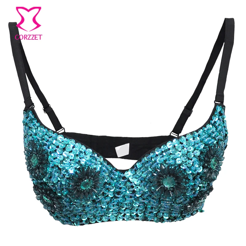 

Belly Dance Night Club Wear Ocean Blue Sunflower Floral Beading Sequined Sexy Bra Push Up Bralette Top Plus Size Brassiere Femme