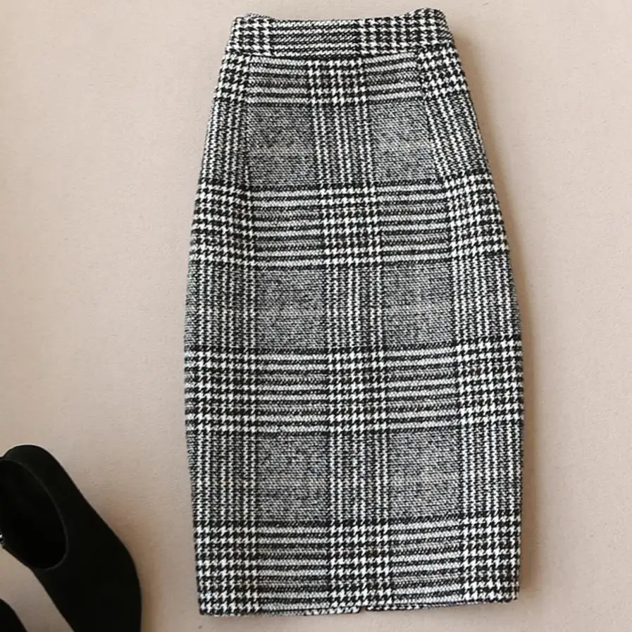 New Autumn Winter Women\'s Slim Long Woolen Coat Jacket + High Waist Plaid Skirt Two Pieces Professional Skirt Suit