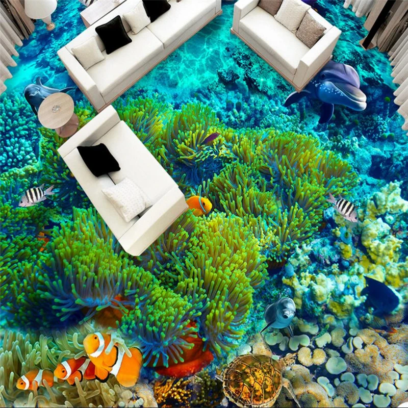 wellyu Custom large-scale mural pvc underwater world tropical fish 3D floor tiles waterproof thick floor stickers