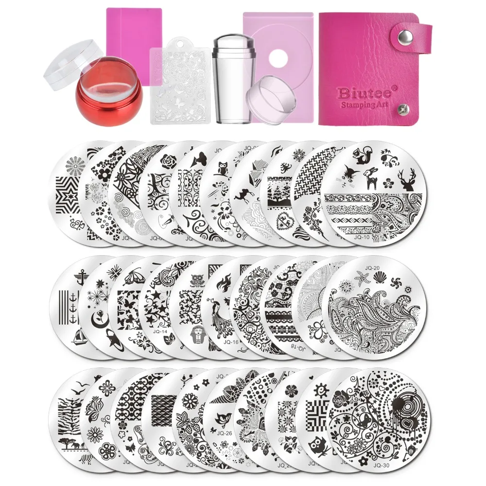 Biutee 30pcs Nail Stamping Plates Kit Flower Animal pattern Stamper & Scraper Template Image Plate Storage bag Nail Stencil Tool