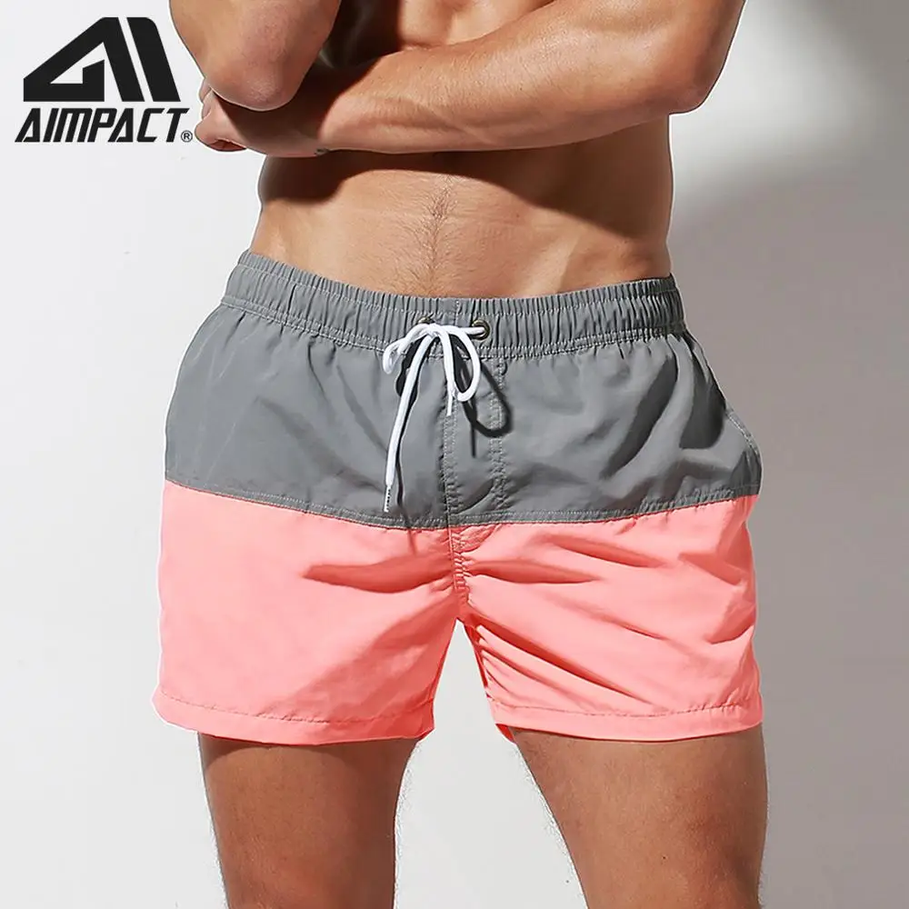 Aimpact Fast Dry Mens Board Shorts with Lining Sexy Patchwork Drawstring Surf Swim Trunks Beachwear Sport Running Hybrid Shorts