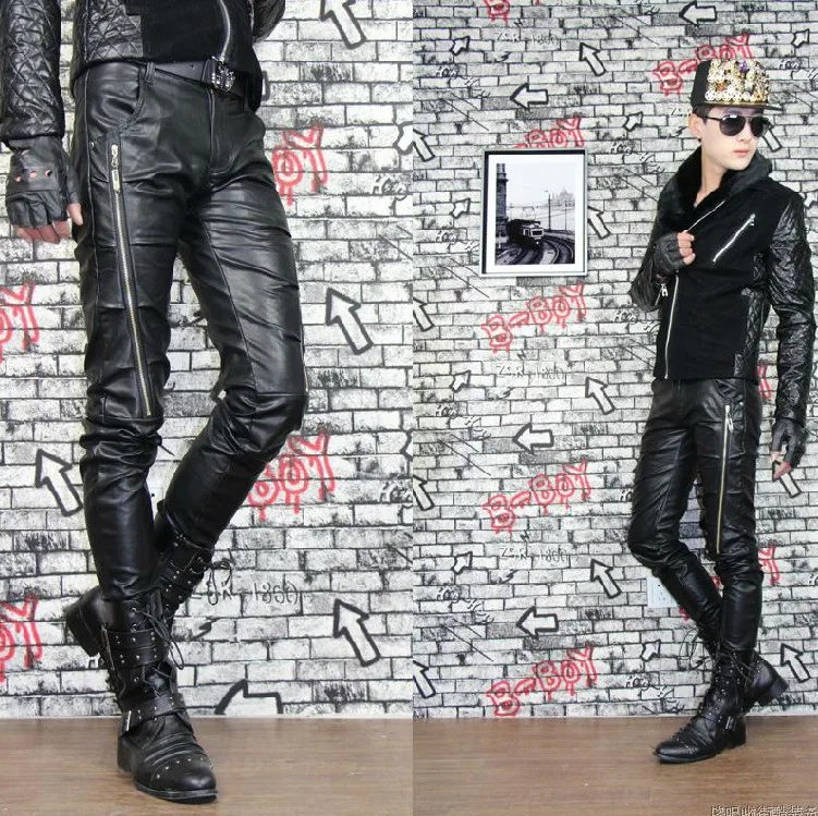 Free Shipping ! Tight Leather Pants Winter Personality Slim Leather Pants Men's Clothing Leather Trousers / 28-36