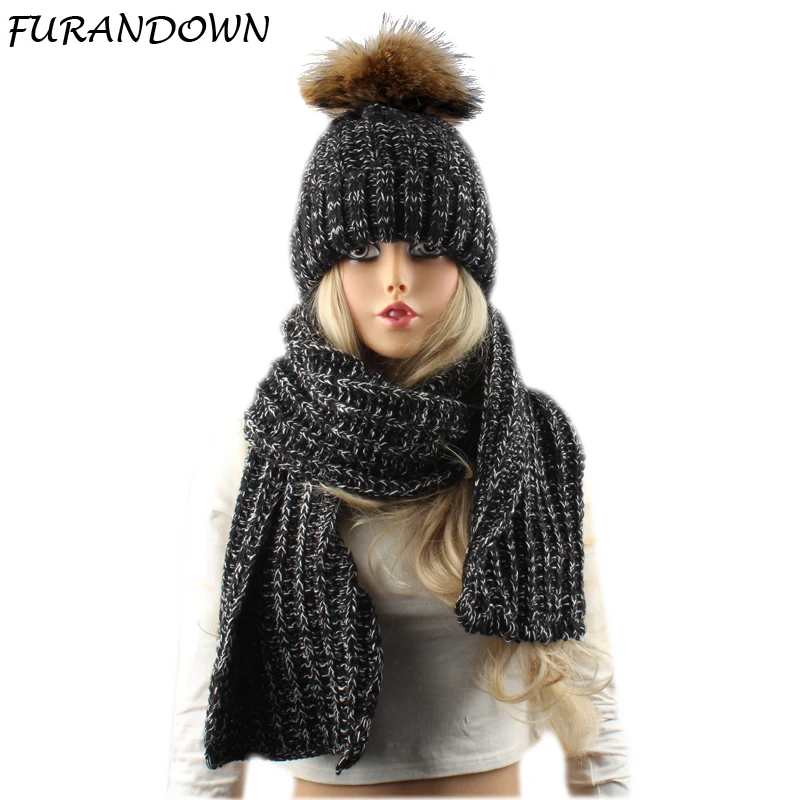 Womens Winter Hat With Scarf Real Raccoon Fur Pompom Beanies For Ladies Winter Cap Women Knitted Hat and Scarf Set