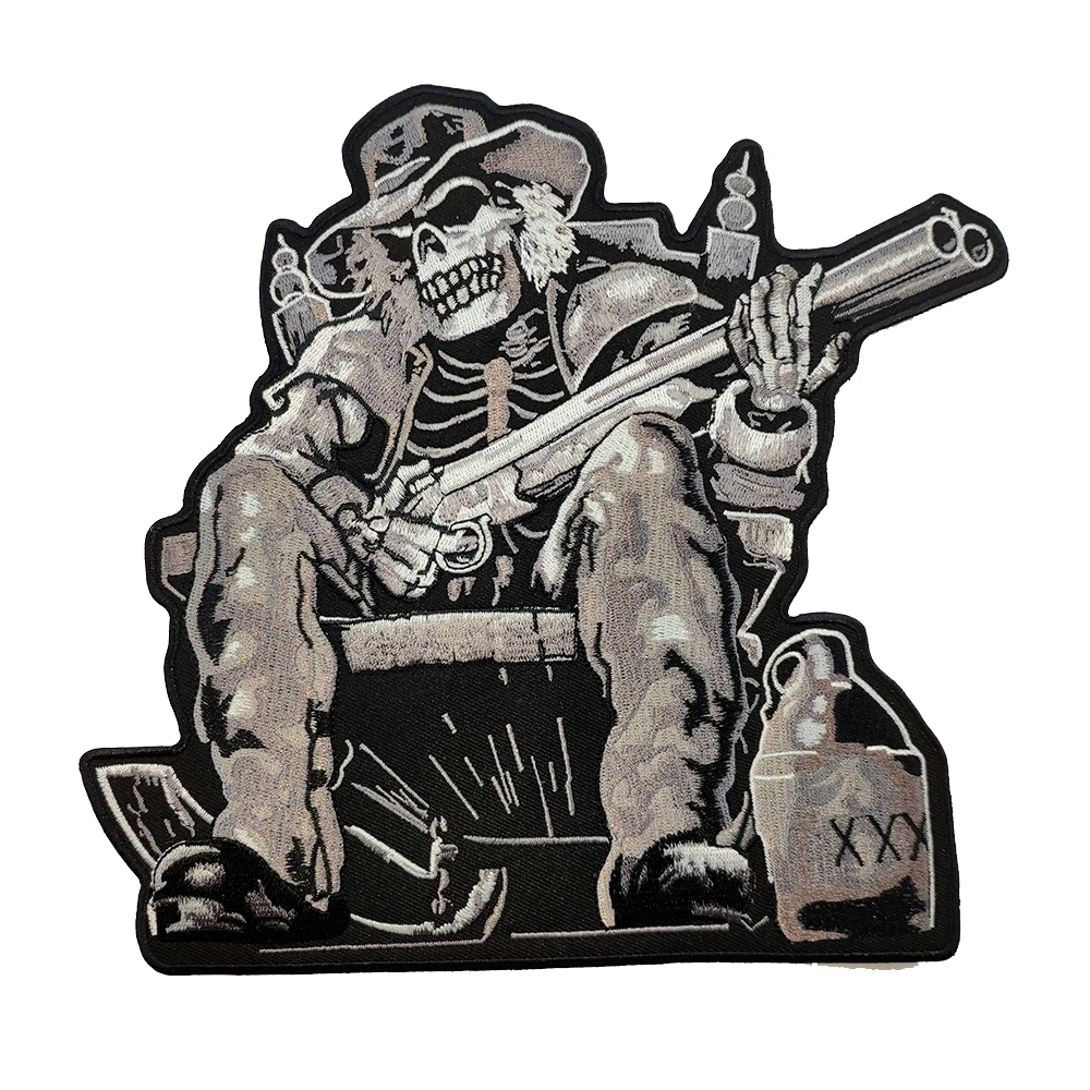 Iron Patches For Clothing Hand With Gun Skull Vest Motorcycle Embroidered Iron On Back Of Jacket Patch DIY Black Twill Fabric