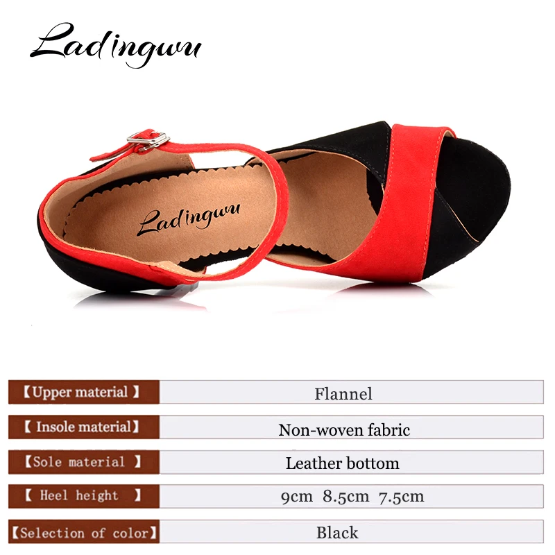 Ladingwu New Flannel Latin Dance Shoes Classic Red and Black With Ballroom Dancing Shoes Salsa Dance Shoes High Quality Heel