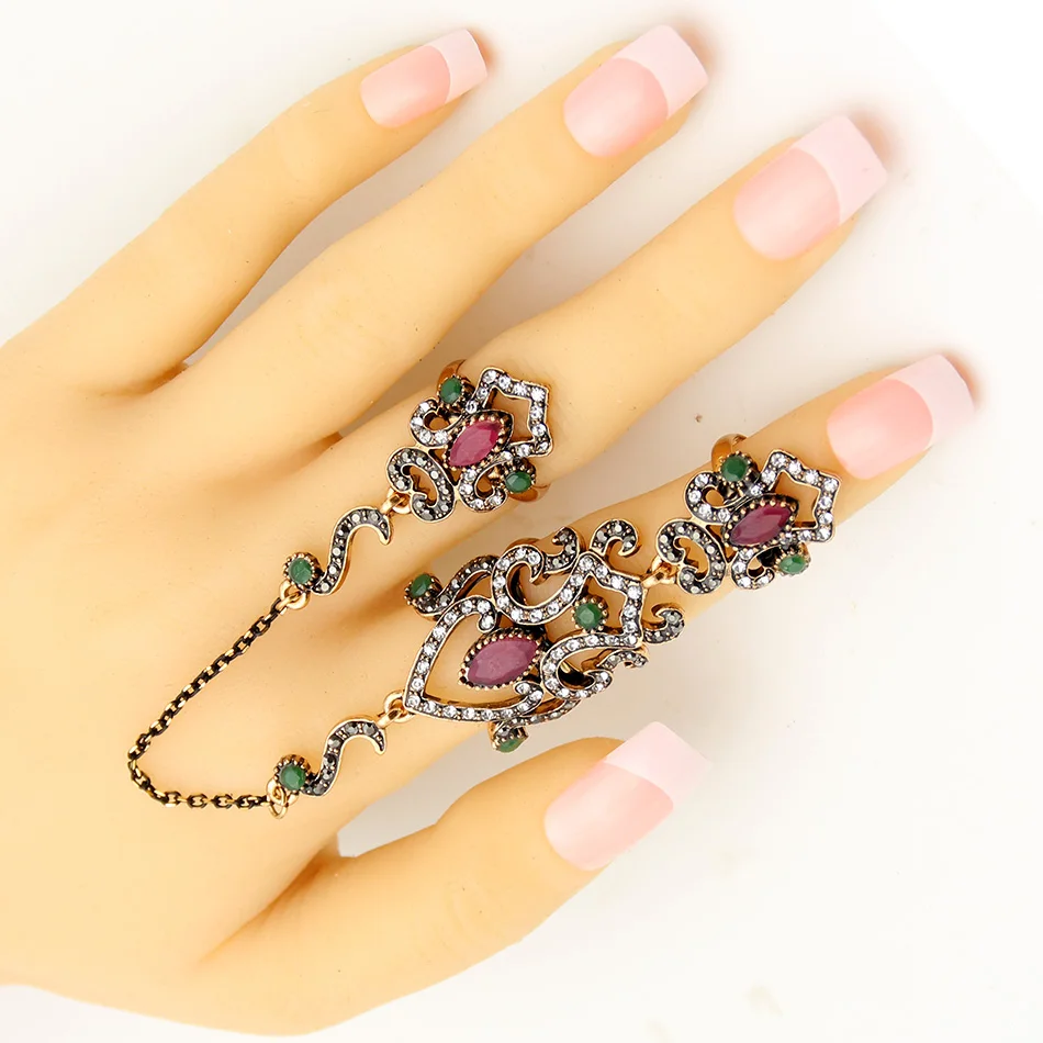 SUNSPICE MS Vintage Turkish Women Flower Double Link Ring Sets Arabesque Crystal Jewelry Antique Gold Color Wedding Anillos 2019