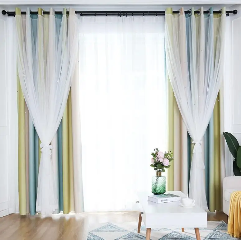 

Color Stripe Curtain Window Curtain High Black Out Nordic Multi Double Layer Tulle + Black Out With Star Tassel for Living Room