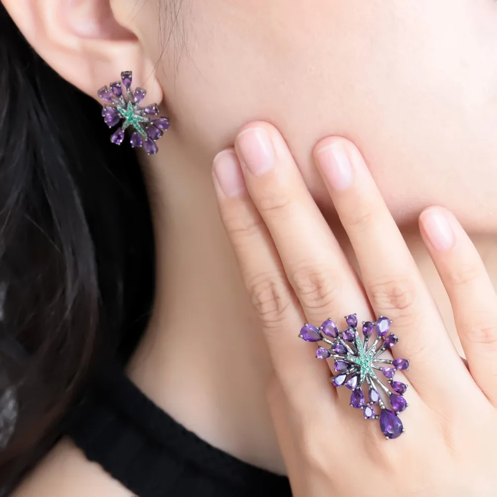 GEM'S BALLET 925 Sterling Silver Gemstone Earrings Ring Set Natural Amethyst Vintage Gothic Punk Jewelry Set For Women Jewelry