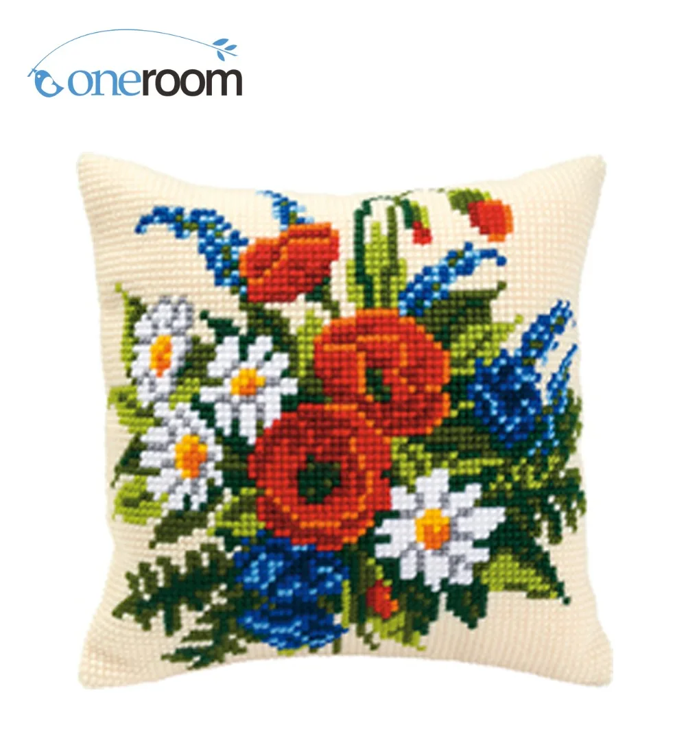 

Many poppy DIY Kit Unfinished Acrylic Yarn Embroidery Pillow Tapestry Canvas Cushion Front Cross Stitch Pillowcase