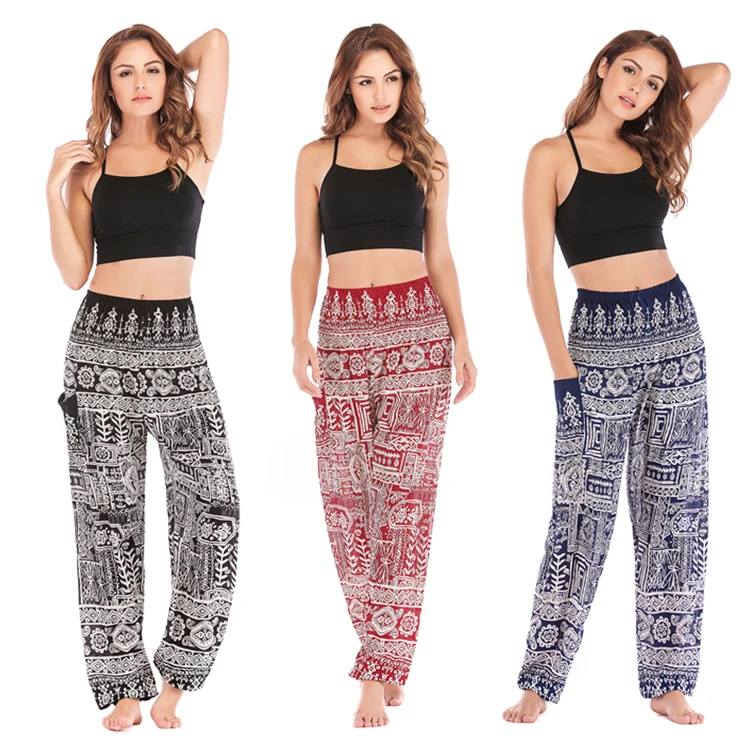 Damskie spodnie Harem czeski nadruk w stylu Vintage luźny krój Boho Hippie wysokiej talii Smocked talii spodnie plażowe spodnie ouc3301