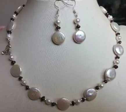 

New Arriver Pearl Jewelry Set 18 inch 11-12mm White Coin Pearl Garnet Necklace Earrings